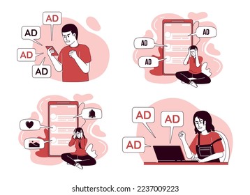 Social media 2D vector isolated linear illustrations set. Thin line flat characters on cartoon background. Colorful editable scenes for mobile, website, presentation. Bebas Nenue, Quicksand fonts used