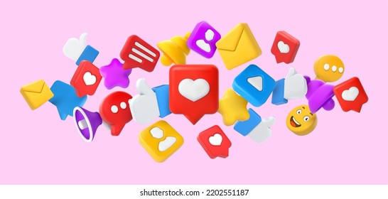 Social media 3d concept. Thumbs up, heart like and smile emoji. Favourites star, comment and notification bell icons vector illustration of 3d media social