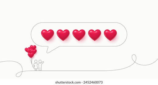Social media 3d hearts icons. Five hearts review rate banner. Feedback with human couple characters. Love postcard for Happy Valentine's Day. Woman with balloons. Banner with 5 hearts feedback. Vector