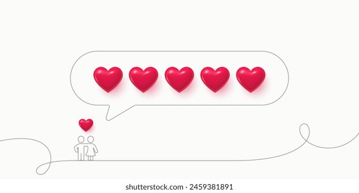 Social media 3d hearts icons. Five hearts review rate banner. Feedback chat bubble with human couple characters. Love postcard for Happy Valentine's Day. 5 hearts feedback banner. Vector