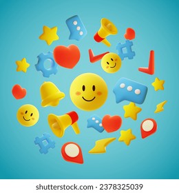 Social media 3d icons composition. Cartoon mobile app elements, emoji reactions, modern web design, digital marketing, render isolated smile, heart and star, speech bubble. Vector concept