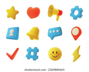 Social media 3d icons. Networking elements, digital marketing symbols, cartoon realistic communication signs, heart, star and bell, yellow smile, map pin and megaphone, vector set