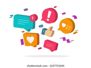 Social media 3d network service concept icon or internet trend digital strategy element with like chat messages notices cartoon illustration vector, sns content graphic, engage business marketing 