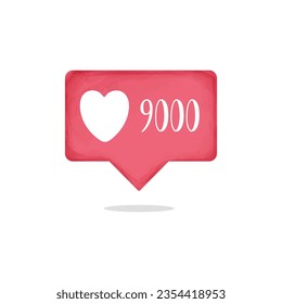 Social media 9000 likes. Counter notification Like, follower red heart  icon web notice element. Watercolor design. Vector illustration.