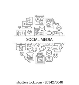 Diseño conceptual lineal abstracto de medios sociales con titular. Blog digital. Idea minimalista de comunicación en línea. Dibujos gráficos de línea delgada. Iconos de contorno vectorial aislado para el fondo
