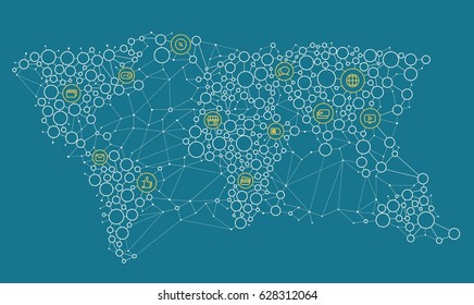 Concepto de vector de red abstracto de medios sociales. Esquema de comunicación abstracta en el mapa de la Tierra