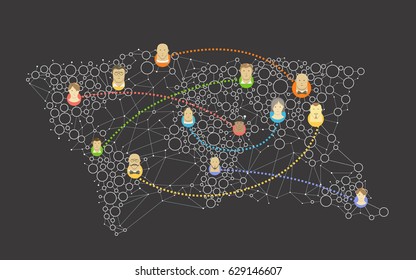Concepto de vector de red abstracto de medios sociales. Resumen del esquema de comunicación en el mapa de la Tierra. Conectando personas