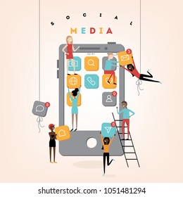 Social media abstract vector illustration with small people