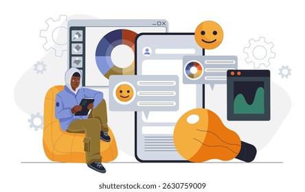 Social media account design. Man with tablet create design elements for mobile app. Graphic designer and programmer develop interface for social networks. Flat vector illustration