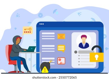 Social media account hacking concept. Male cartoon character hacker trying to enter password to collect personal information on social network. Internet abuse. Publishing sensitive personal data. 