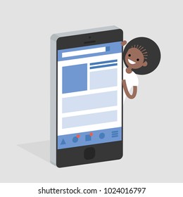 Social media account. Isometric mobile device. Young smiling character peeking out from behind the smartphone. Flat editable vector illustration, clip art