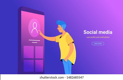 Social media account profile concept vector illustration of young man standing near big smartphone and updating his profile page on social networks screen. Purple gradient banner with copy space