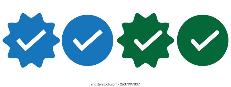 Social media account verification icons. Verified badge profile set.  check mark on black, blue and white. white background. Design EPS 10 