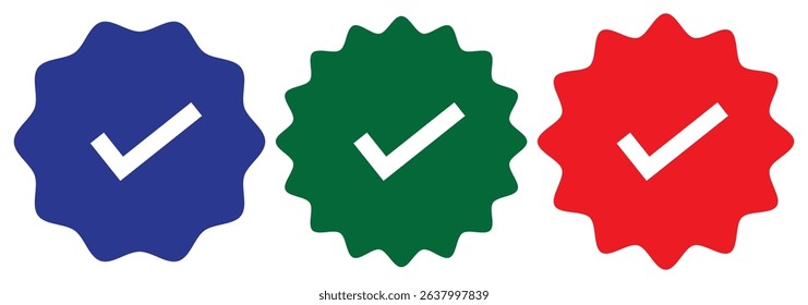 Social media account verification icons. Verified badge profile set.  check mark on black, blue and white. white background. Design EPS 10 