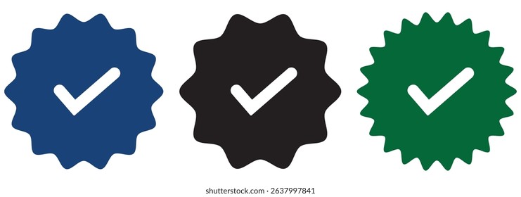 Social media account verification icons. Verified badge profile set.  check mark on black, blue and white. white background. Design EPS 10 