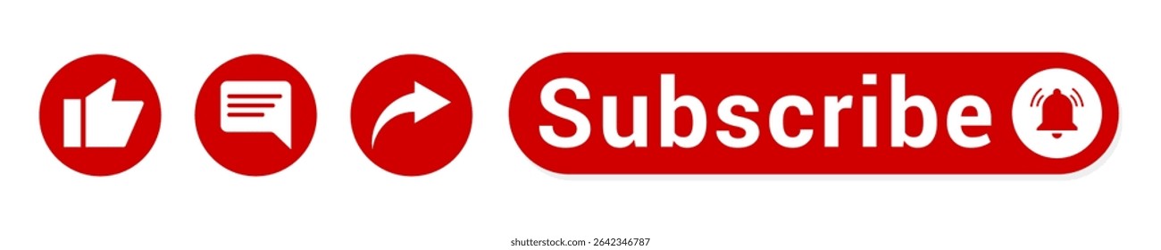 Texto de ação de mídia social com Like, Comment, Share, Subscribe, ideal para telas finais do YouTube, sobreposições de vídeo e marca de criador de conteúdo com design vibrante.