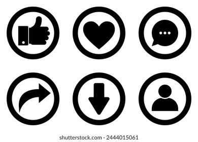 Social media actions and reactions black outline vector icons set. Like, message, repost, save, friend symbols.