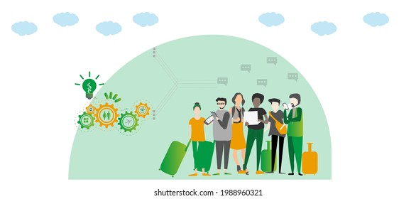 Social Media Activation Enhance Outcomes With Your Data Assets. Vector Flat Illustration, Travel Concept. Ideas And Collaborations. Cartoon People Awaiting For Flight. Journey Advertising Company Art.