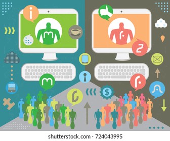 Social media activism in computers with virtual tech icons, with infographics elements and grunge texture.