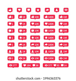 Social media activities notification vector icons set. Thumbs up, like, comment, favorite, share, followers, views sign symbol. Vector illustration EPS 10