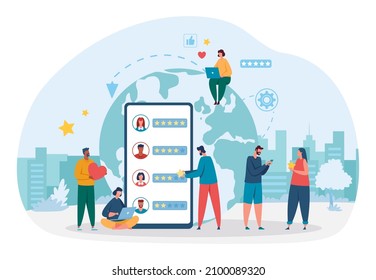 Social media activity, estimate users internet, give stars. Vector communication in network illustration, design of concept modern technology