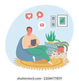 Social media activity, using smartphone at home. Character using phone and social media. Vector illustration
