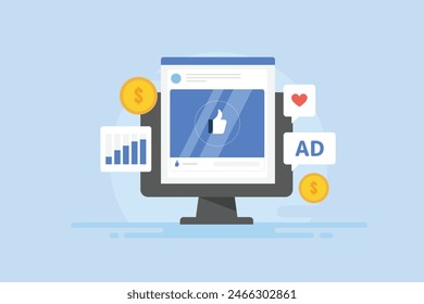 Social media ad campaign for page likes, Ad campaign for more audience reaction, like, share, comments - vector illustration with icons