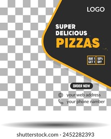 Redes sociales y diseño en venta Pizza. El diseño solo será utilizable si la Imagen de pizza se coloca correctamente en el espacio en blanco.