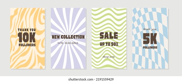 Social media ad post in funky psychedelic design. Retro 80s 90s aesthetic backdrops, vintage wavy liquid distorted backgrounds. Set of vertical posters in Y2K style. Vector ig story banner templates.