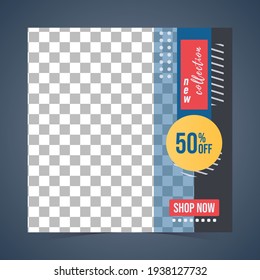 Social media ad post with square shape using geometric design, yellow, red, black and blue background. suitable for advertising on the website.
