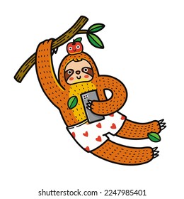 Social media addict sloth looking at smartphone. Slow life illustration. Cartoon hand drawn funny animal.