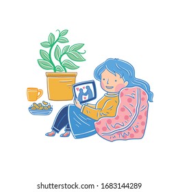 Social media addicted woman. Cartoon character relaxing at home, using tablet computer for web surfing, playing online games. Vector illustration 