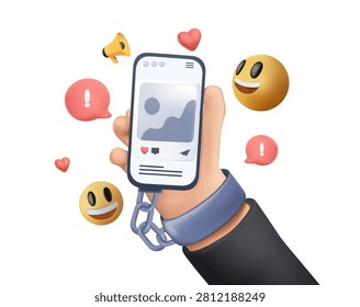 Social media addiction 3D vector concept illustrating smartphone overuse, digital habits and online dependency. Ideal for healthcare, education, technology, psychology and awareness initiatives
