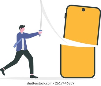 Social media addiction concept. businessman cuts a smartphone with a sword.

