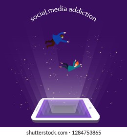 social media addiction, concept. dependence on the smartphone. tiny people fall into the glowing screen of the laptop. dark blue background