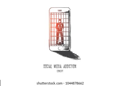 Social media addiction concept. Hand drawn person in jail of internet. Man slave of his smartphone isolated vector illustration.