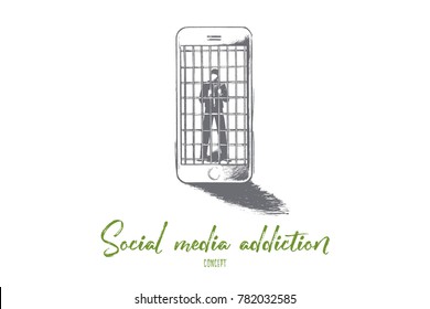 Social media addiction concept. Hand drawn person in jail of internet. Man slave of his smartphone isolated vector illustration.