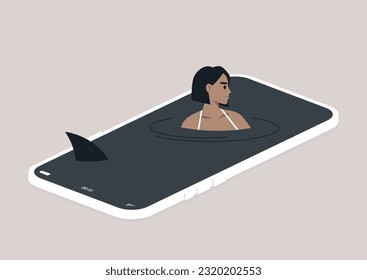 Social media addiction concept, a mobile phone screen depicted as a water surface, a young Caucasian character swimming, a shark fin approaching, virtual vacation, digital escape