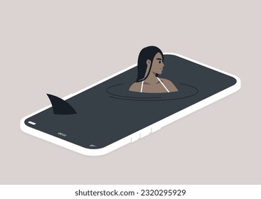 Social media addiction concept, a mobile phone screen depicted as a water surface, a young African character swimming, a shark fin approaching, virtual vacation, digital escape