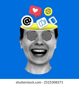 Conceito de vício em mídias sociais. Colagem moderna com ícones de internet, e-mail e símbolo parecido dentro da cabeça feminina. Redes sociais