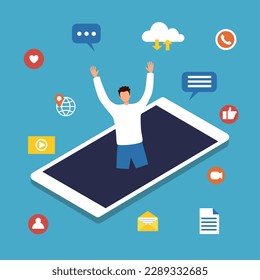 Social media addiction concept vector illustration. Man with information on smartphone in flat design.