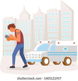 Social media addiction concept. Young man looking at the Smartphone  and crosses the road in front of the car. Flat Art Vector illustration