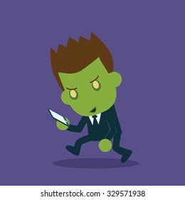 social media addiction concept, zombie businessman using smartphone