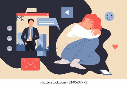 Social Media Addiction And Depression Issue. Mental Health Awareness, Increasing Teens Loneliness And Sadness, Cyberbullying, Personal Frustration Cartoon Vector Illustration