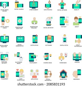 Conjunto de colección de iconos de vectores planos de adicción a medios sociales