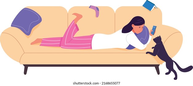 Social media addiction. Girl laying on sofa with smartphone instead of playing with cat isolated on white background