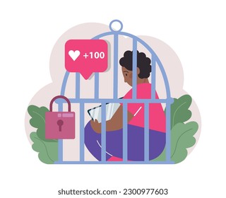 Social media addiction. Hypnotized little boy with tablet surfing social networks in a cage. Danger of the internet for child. Content, communication and education. Flat vector illustration