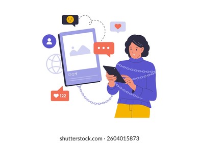 Social Media Addiction Illustration. Illustrations for websites, landing pages, mobile apps, posters and banners