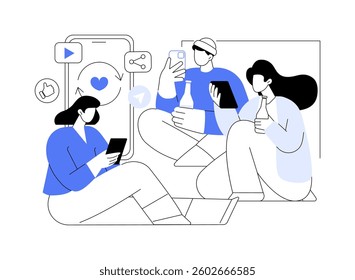Social media addiction isolated cartoon vector illustrations. Young people using their smartphones during party, scrolling social media networks, digital life, gadgets addiction vector cartoon.