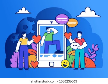 Social media addiction, like or comment photos. Group of people stand near big phone. Poster for social media, web page, banner, presentation. Flat design vector illustration